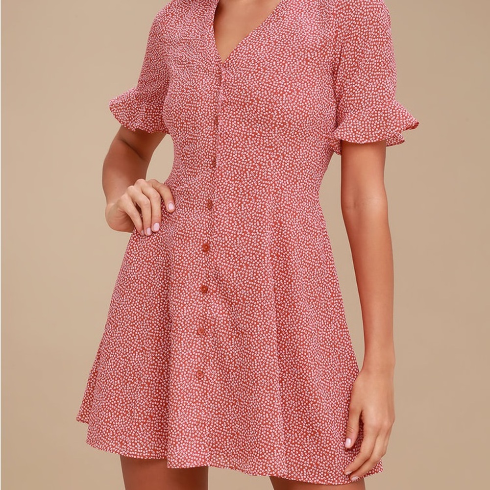 Lulus Castana Rust Red Print Button-Up Dress
